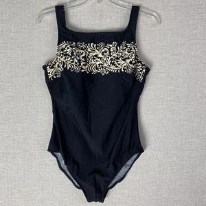 Miraclesuit One piece Swimsuit Black Ivory Floral Size 14 Square Neck Slimming - Picture 1 of 8