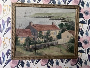 VINTAGE OULBON PANEL PASTORAL LANDSCAPE GREENS PINK 17x21.5 FRAMED SIGNED - Picture 1 of 6