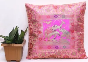 16" Indian Elephant Cushion Pillow Cover Pink Silk Brocade Sofa Pillow Throw - Picture 1 of 6