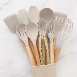 12-Piece Silicone Kitchen Utensil Set - Wooden Cooking Tools & Gadgets - Picture 1 of 6