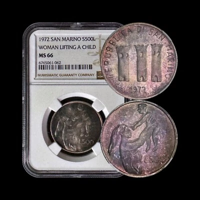 SAN MARINO. 1972, 500 Lire, Silver - MS66 - Top Pop 🥇 Mother Lifting Child 🌈 2 - Image 1 of 4