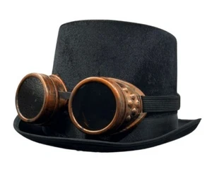 Unisex Steampunk Aviator Goggles & Black Velour Top Hat Adult Fancy Dress - Picture 1 of 9