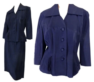 Vintage 1950s Skirt Suit Peplum Jacket Navy Blue Rayon Faille Wedding Film Noir - Picture 1 of 8