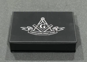 Masonic Flask Gift Set - Fine Black Leather - "Freemasons Aren't Made"  Laser   - Picture 1 of 2