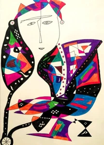 TANT Mother w/ Baby Stroller Abstract Graphic Painting- RUSSIAN- ARMENIAN Artist - Picture 1 of 12