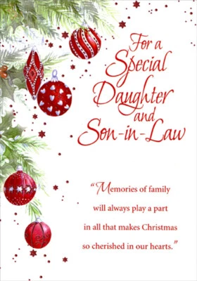 DESIGNER GREETINGS Red Foil Ornaments Memories of Family Daughter and Son-in-Law Christmas Card