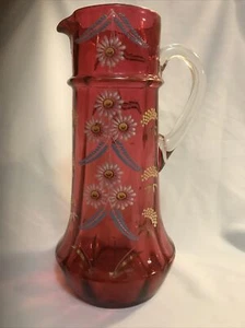 Antiker viktorianischer Cranberry Glas Krug Ewer emailliert Blumen Dugan - Bild 1 von 11