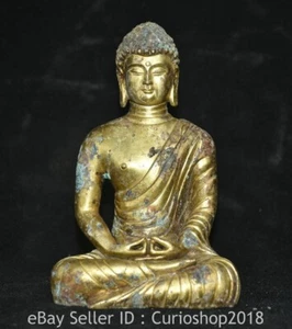5.6" Old Chinese Buddhism Bronze Gilt Sit Shakyamuni Amitabha Buddha Sculpture - Picture 1 of 12