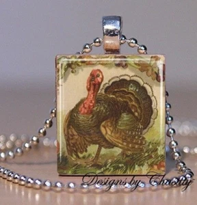 Turkey Necklace Dinner VTG Thanksgiving Charm Bird Pendant Scrabble Altered Art - Picture 1 of 1