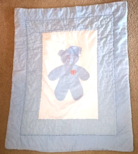Teddy Bear Baby Crib Quilt 38" x 30" Gingham Check Blue White and Blue Puffy - Picture 1 of 9