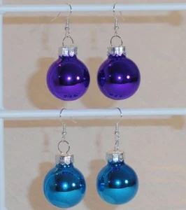 Shiny Purple or Blue Holiday Dangle Earrings Glass Ball Christmas Ornaments - Picture 1 of 10