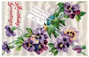 1911 Birthday Greetings Pansies Birds Embossed Vintage Postcard PM - Picture 1 of 2
