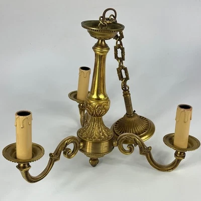 Vintage French 3 Arm Regency Style Ceiling Light Chandelier Stamped Bronze - Image 1 of 4