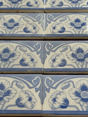 31 Jugendstil Fliesen Bordüre Kacheln Blau Weiß Mohn Shabby 1900 4,5 Meter Fries - Bild 1 von 4