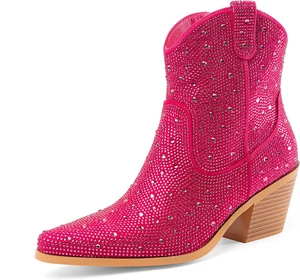 Women's Glitter Rhinestone Cowboy Ankle Boots with Zipper Low Block Heel Size 11 - Picture 1 of 7