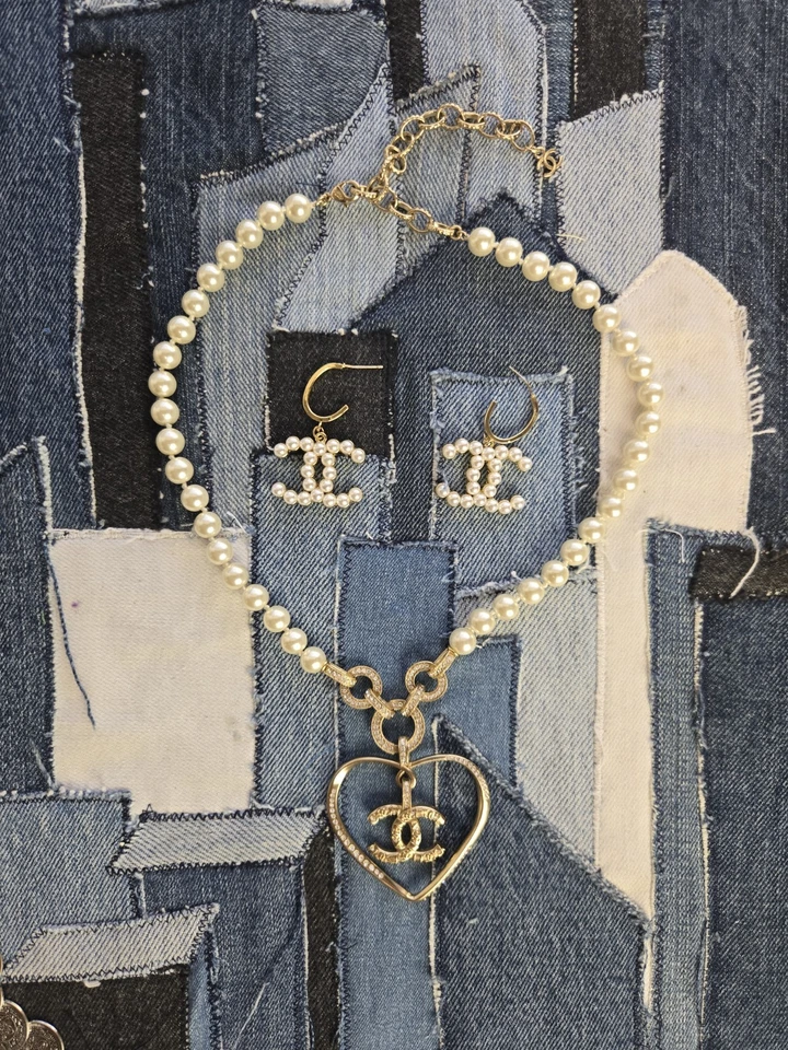 Pearl Designer Necklace w/ Heart Charm And Pearl Earrings Designer Set - Image 1 of 4