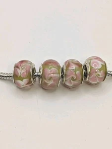 Silver Marked 925 Pink Rose Glass Beads Charms X4 - Picture 1 of 5