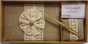 Juego de libro de invitados de boda y bolígrafo - Libro rústico de arpillera de campo y encaje de ganchillo NUEVO - Imagen 1 de 8