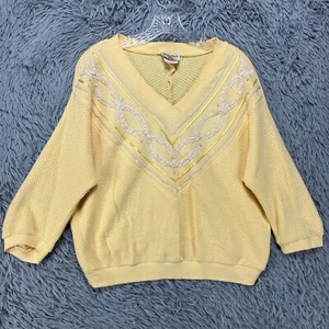 Vintage Sunny South Blouse Top Women's M Yellow V-Neck 80's Embellished Retro - Picture 1 of 10