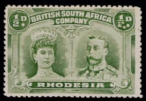 1910 Rhodesien Doppelkopf 1/2d SG 120b Var Doppelpunkt großes Teil OG fein LMM - Bild 1 von 2