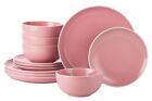 12 Piece Dinner Plates Set Stoneware Dinnerware Tableware Crockery Bowls Pink
