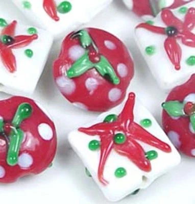 8 Lampwork Handmade Glass Red and White Lentil Square Beads  - Image 1 of 3
