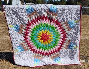 Vintage Handmade Lone Star 8 Point Patchwork Quilt 84 x 84 Inches Super Colorful - Picture 1 of 12