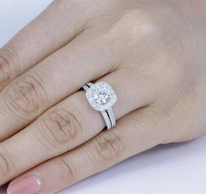 Anillo de compromiso nupcial de oro blanco de 14 quilates de moissanita redon... - Imagen 1 de 8