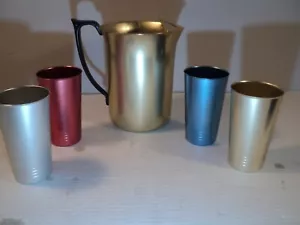 Vintage MCM Aluminum Anodized multi color pitcher and 4 tumblers - Picture 1 of 14