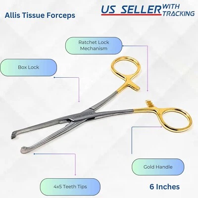 HTI Allis Tissue Forceps 6" 4X5 Teeth Stainless Surgical Instruments - Gold Handle
