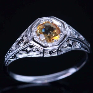 Round 4.5mm 0.92ct Genuine Citrine Gemstone Vintage Style Ring Sterling Silver - Picture 1 of 6