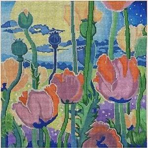Needlepoint Handpainted Brenda Stofft Moonlit Poppy Garden 14x14 - Picture 1 of 1