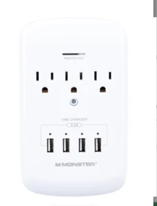 Monster Essentials Power Wall Tap Surge Protector, 3 Outlets +4 USB Ports White - Picture 1 of 7