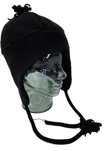 Black FLEECE HAT Beanie Cap with Pom and neck ties One Size - Picture 1 of 9