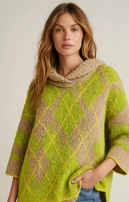 Free People Sunshine To Follow Sweater Women's M Green Geometric Foldover Neck - Image 1 of 4