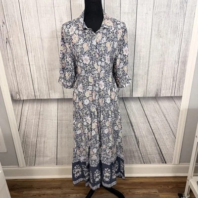 Natural Life Women's XL Blue Floral Print Cottage Boho Tiered Maxi Shirt Dress - Image 1 of 4