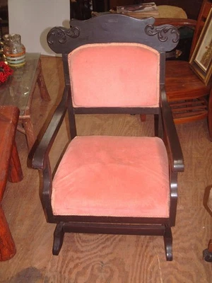 Chair Platform Spring Rocker 1800's Mahogany Wood Updated Pink Upholstery USA - Image 1 of 4