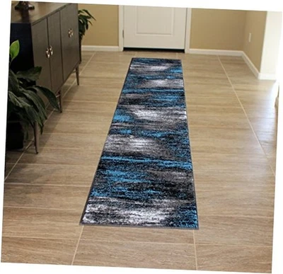 Alfombra de corredor contemporánea moderna, azul gris negro (2 pies x 7 pies)  Foto 1 de 4