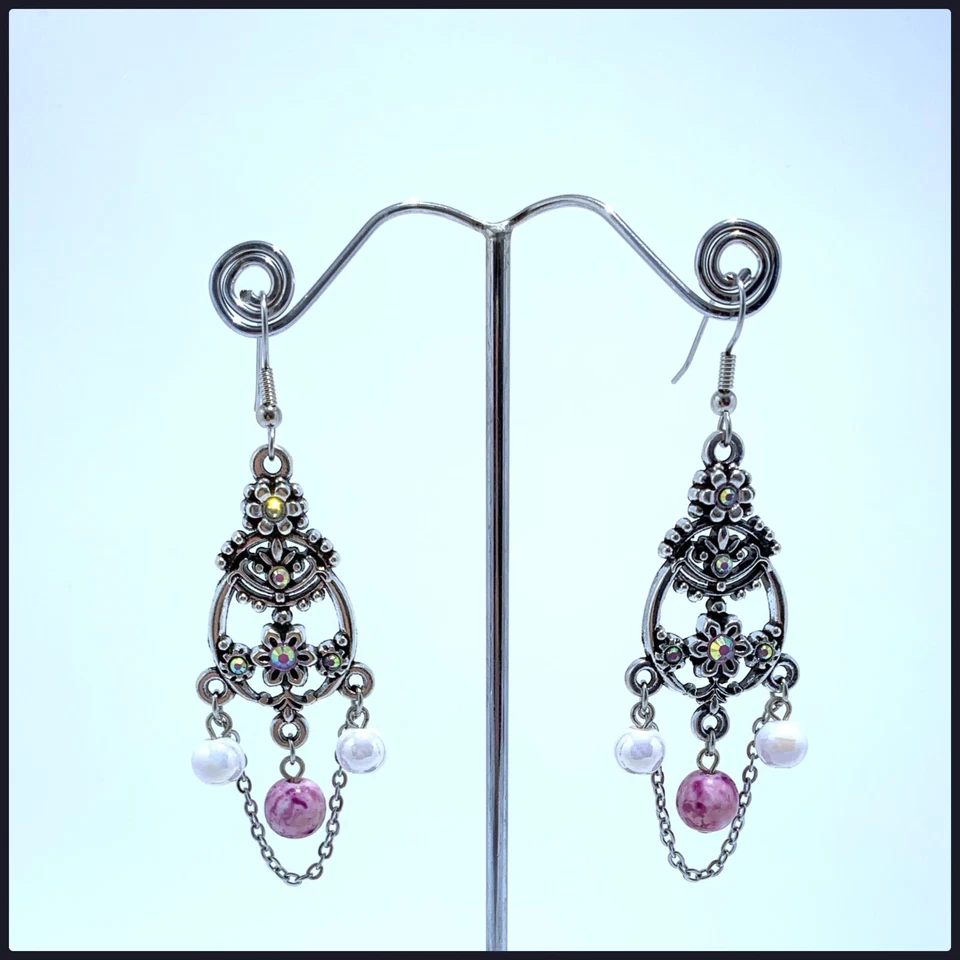 Floral Filigree Iridescent White/Pink Drop Earrings - Image 1 of 1