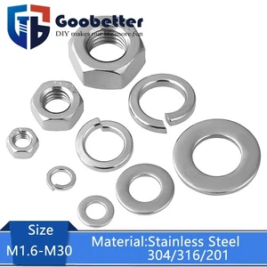 M1.6-M30 Hex Nut + Flat Washer + Spring Washers 304/316/201 Stainless Steel - Picture 1 of 46