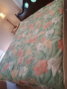 Vintage 80's USA SPRINGMAID Comforter PINK GREEN YELLOW Huge Florals Twin EUC - Picture 1 of 24