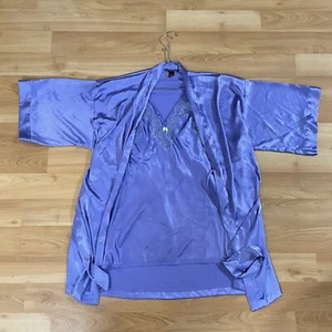 VTG Victorias Secret Satin Slip & Robe Size M Lace Trim Lavender Purple Babydoll - Picture 1 of 18