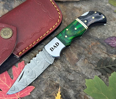 Cuchillo personalizado de bolsillo plegable de acero Damasco mango de madera + funda de cuero Foto 1 de 4