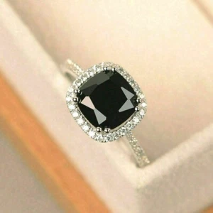 3 Ct Cushion Cut Black Sapphire Halo Engagement Wedding Ring 14K White Gold Over - Picture 1 of 5