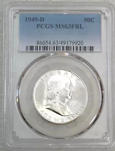 1949-D Franklin Half Dollar PCGS MS63FBL Frosty with Full Bell Lines #U56D - Picture 1 of 4