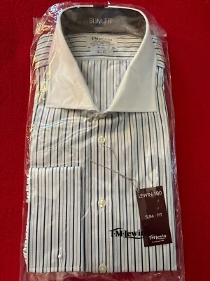 NWT TM Lewin 18/36 SlimFit Blue Fancy Stripe White Collar Self FrCuff Must-Iron - Image 1 of 4