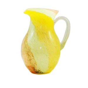 Art Glass Pitcher Swirled Colors Clear Applied Handle Yellow Orange Green VTG - Picture 1 of 6