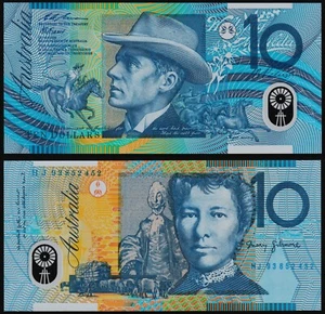 Australia 10$ 1993 A B Banjo Paterson & Mary Gilmore P52a Prefix HJ Polymer UNC - Picture 1 of 3