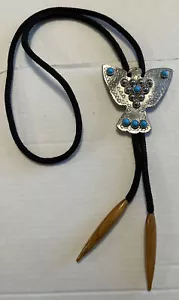 Vintage Hand Tooled Native American Silver tone Eagle Faux Turquoise Bolo Tie - Picture 1 of 7