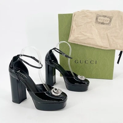 Gucci Negro Charol Cristal GG Doble G Correa de Tobillo Plataforma Bomba EU 39.5 Foto 1 de 4